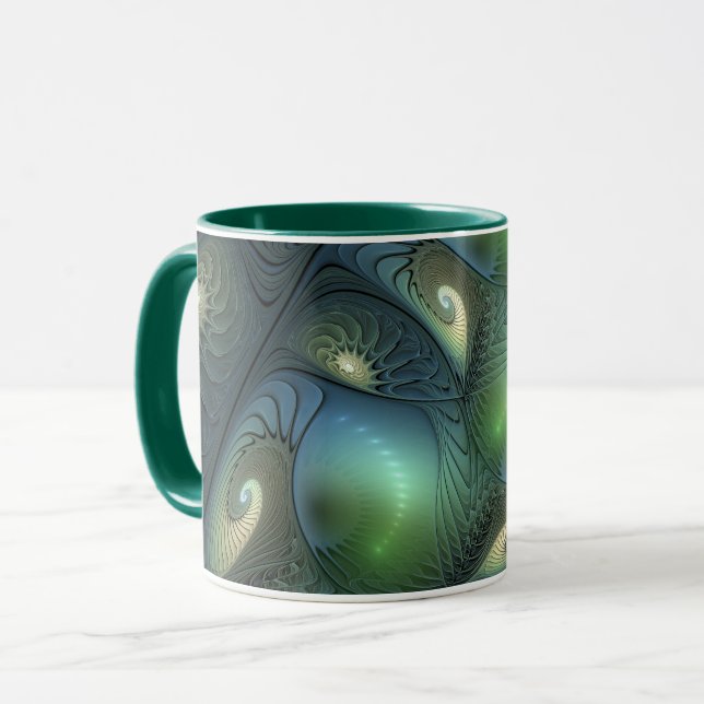 Caneca Espirais Teal Beige Verde Abstrato Fractal (Frente Esquerda)