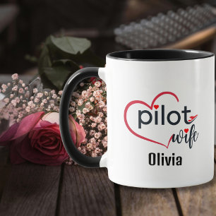 Caneca Esposa Piloto, Coração e Avião, Moderno Simples