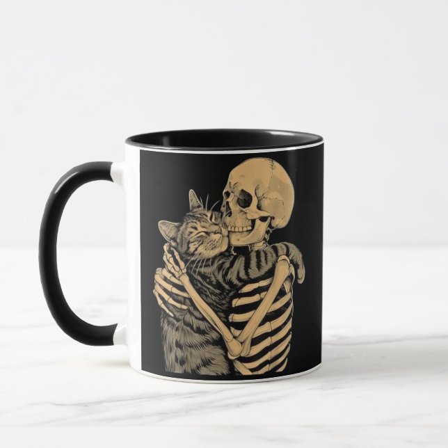 Caneca Esqueleto Abraçando Gato – Presente Fofo para Aman (Esquerda)
