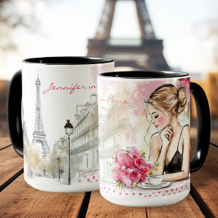Caneca Esquema de Aquarela da cidade de Paris com café fe