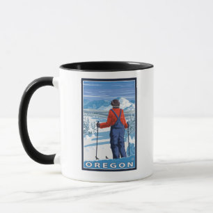 Caneca Esquiador que admira o poster das viagens vintage