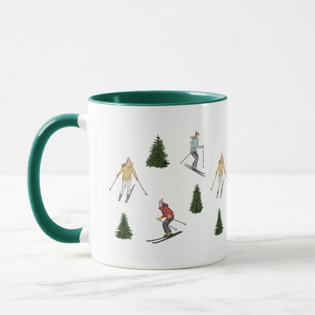 Caneca Esquiadores Aquarela E Árvores De Abeto Com Nome F (Esquerda)