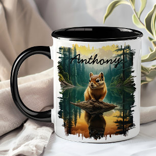 Caneca  Esquilo no Reflexo do Lago em Tronco 