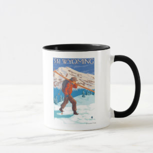 Caneca Esquis da neve do carregando do esquiador -