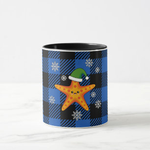 Caneca Estaleiro do Natal Kawaii no padrão azul de búfalo