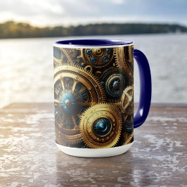 Caneca Estampunk Clockwork Dourado e Teal