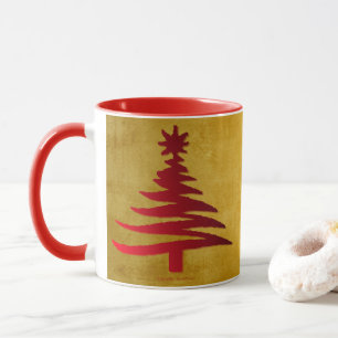 Caneca Estêncil da árvore de Natal Vermelho na Dourada