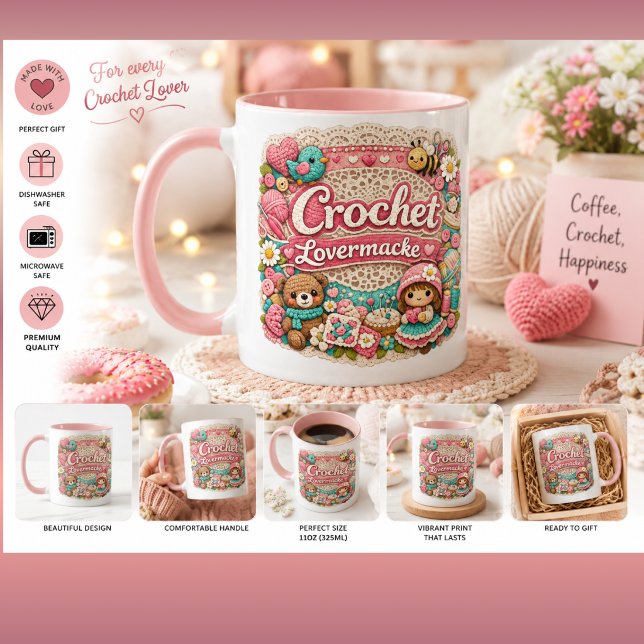 Caneca Estilo Crochê Fofa de Viciado em Chá | Aman (Criador carregado)