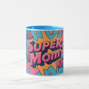 Caneca Estilo de banda desenhada Super Mãe Flores Estrela