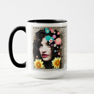 Caneca Estilo de Colagem de Papel Mulheres e Flores