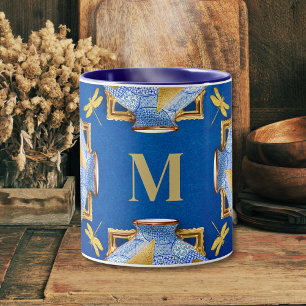 Caneca Estilo Japonês Azul E Dourado