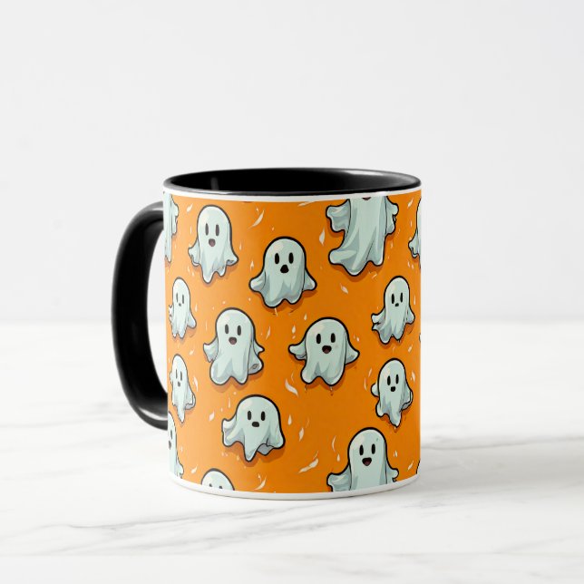 Caneca Estilo Kawaii Bonito Fantasmas em Laranja (Frente Esquerda)