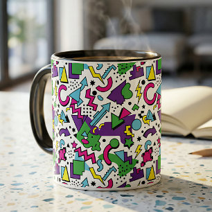 Caneca Estilo Memphis Verde Turquesa Roxo Retro dos Anos 