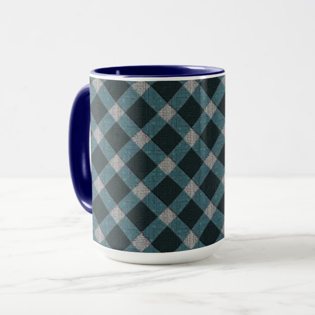 Caneca Estilo Tartan em ciano cinza e alivio esculpido co (Frente Esquerda)