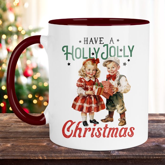 Caneca Estilo Vintage Crianças de Natal Holly Jolly (Criador carregado)