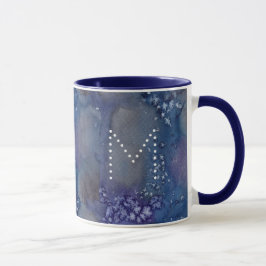 Caneca Estrelas Celestiais Nome Monograma Azul Aquarela