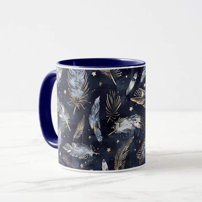 Caneca Estrelas Penas Douradas Azuis (Frente Esquerda)