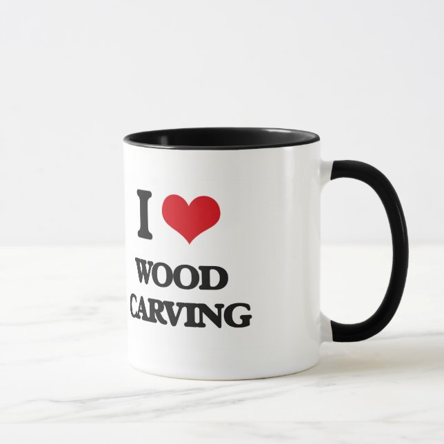Caneca Eu amo a cinzeladura de madeira (Direita)