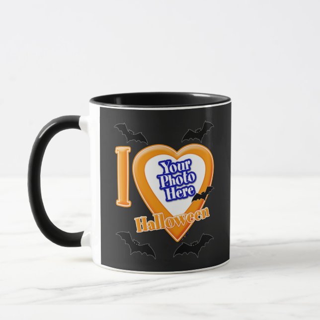 Caneca Eu Amo O Dia das Bruxas Com Sua Foto Com Bats Mug (Esquerda)