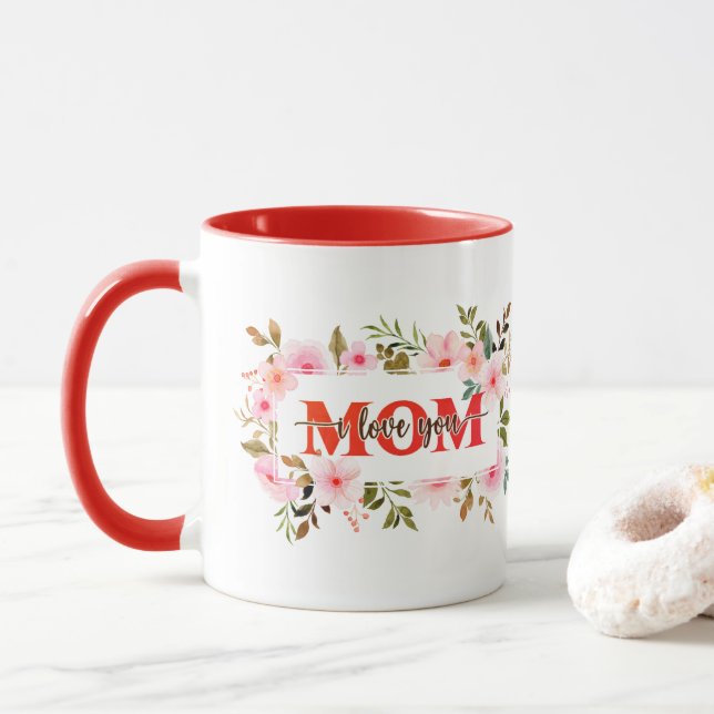 Caneca "Eu Amo Você MÃE" Rosas de Aquarela Rosa (Com Donut)