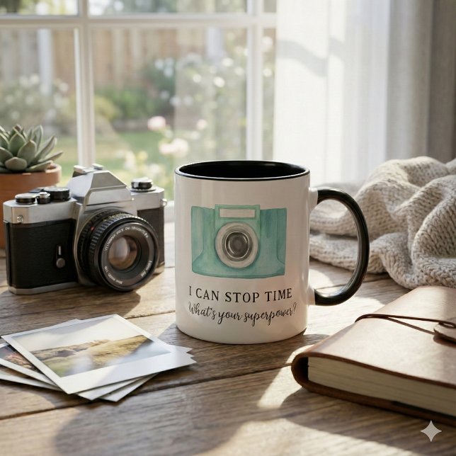 Caneca Eu Posso Parar O Tempo Fotógrafo (This fun, "I can stop time, what's your superpower?" mug would make a great gift for a photographer!)