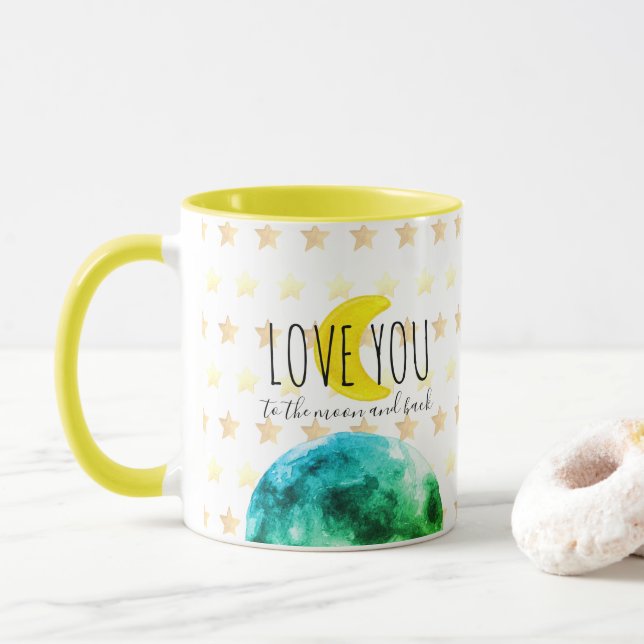 Caneca "Eu Te Amo Até a Lua e de Volta" Terra, Lua, Estre (Com Donut)