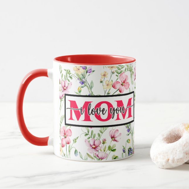 Caneca "Eu Te Amo MÃE" Floral Aquarela Rosa (Com Donut)
