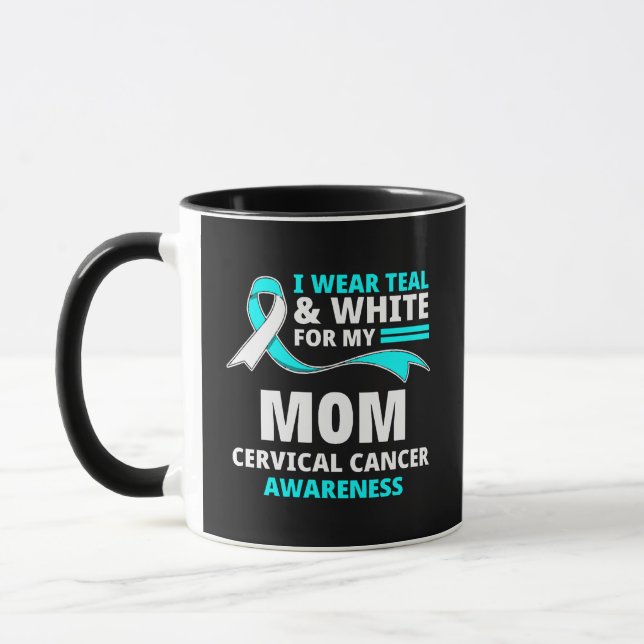 Caneca Eu Uso Verde Azul e Branco Minha Mãe Câncer Cervic (Esquerda)