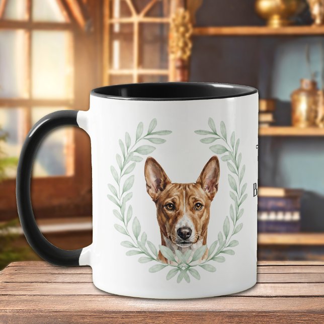 Caneca Eucalyptus Wreath Basenji Hound Dog Monogram (Criador carregado)
