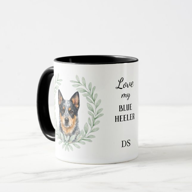 Caneca Eucalyptus Wreath Blue Heeler Dog Monogram (Frente Esquerda)
