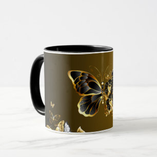 Caneca Eufonia Dourada – Arte de Borboleta Preta e Dourad