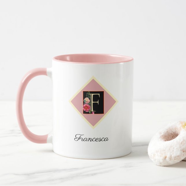 Caneca "F" de Rosas Antigas Personalizadas (Com Donut)