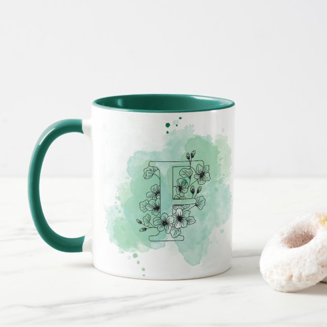 Caneca F Monograma com Cor de Água Inicial Botânica Verde (Com Donut)