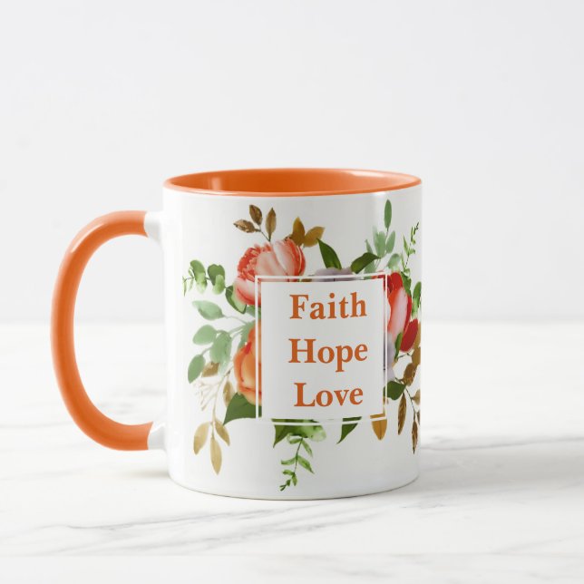 Caneca Faith Hope Adorava flores laranja de aquarela Mono (Esquerda)