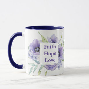 Caneca Faith Hope Love com flores de aquarela Monograma