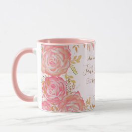 Caneca Faith Hope Love Scripting Floral Rosa Dourado Rosa