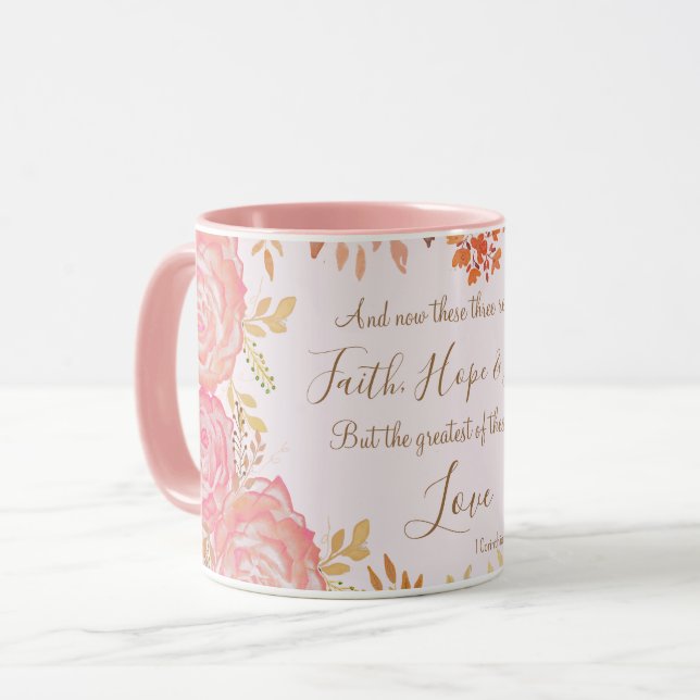 Caneca Faith Hope Love Scripting Floral Rosa Dourado Rosa (Frente Esquerda)