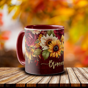 Caneca Fall outono temático burgundy rosas girassóis