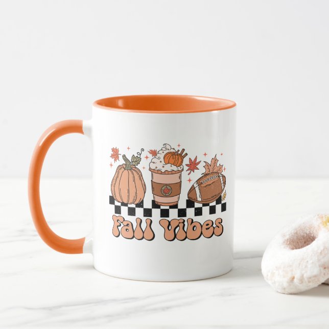 Caneca Fall Vibes Mug, Pumpkin Season, Retro Fall Doodle (Com Donut)