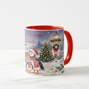 Caneca Família de Papagaios-do-mar de Natal Personalizad