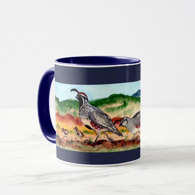 Caneca Família Quail com Peeps Marinho Blue Mug Sudoeste (Frente Esquerda)