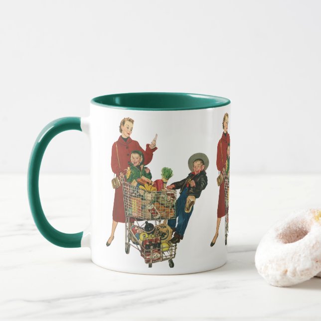Caneca Família Retro, Mãe e Crianças Carrinho de Compras  (Com Donut)