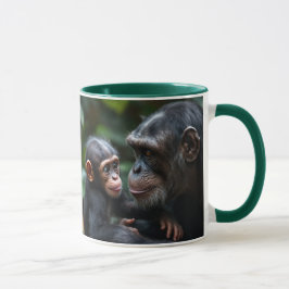 Caneca Famille chimpanzés : une maman singe et son bébé.