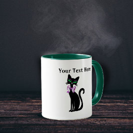 Caneca Fancy Pretty Black Cat Pink Bow Green Eyes