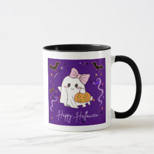 caneca fantasma fofo Happy Halloween roxa aquarela