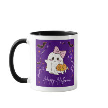 caneca fantasma fofo Happy Halloween roxa aquarela