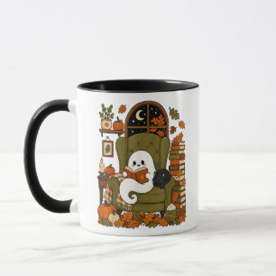 Caneca Fantasma Fofo Lendo Livro Gato Preto Outono Abóbor