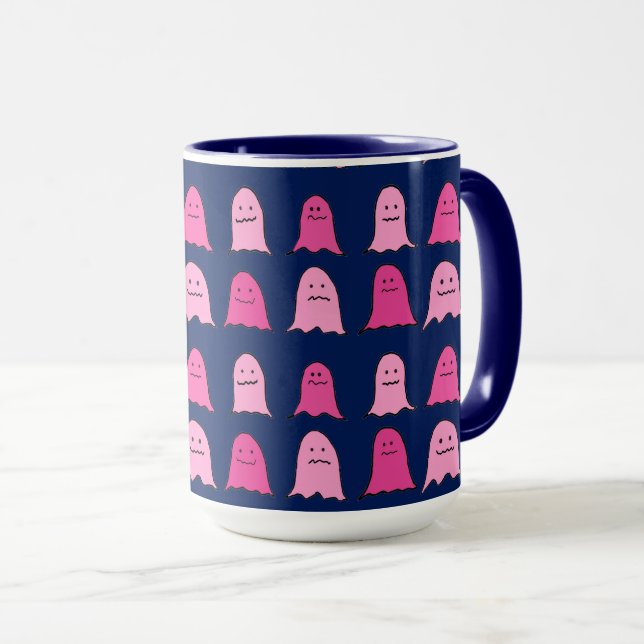 Caneca Fantasmas do Dia das Bruxas Rosa no Azul Escuro (Frente Esquerda)