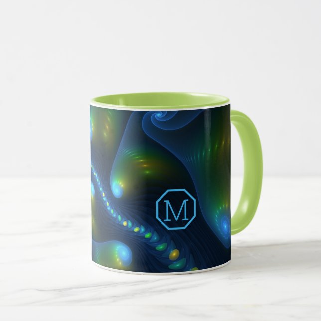 Caneca Fantasy Lights Abstrato Blue Fractal Art Monograma (Frente Esquerda)