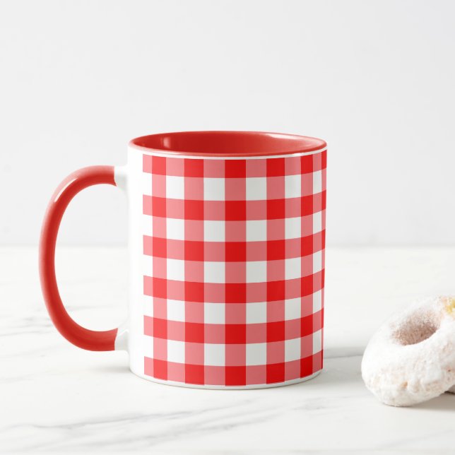 Caneca Farmhouse Country Red Gingham Check Combo Mug (Com Donut)